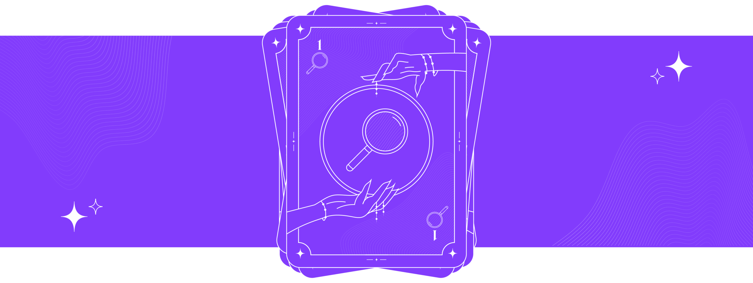 A tarot card with a magnifying glass at its centre on a purple background.