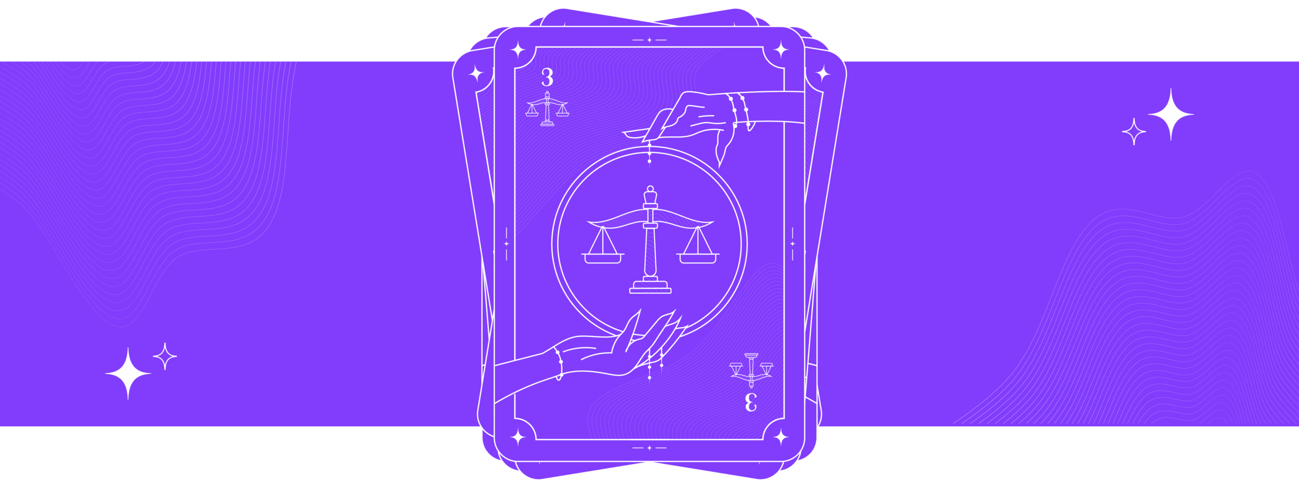 A tarot card with scales in the centre on a purple background.