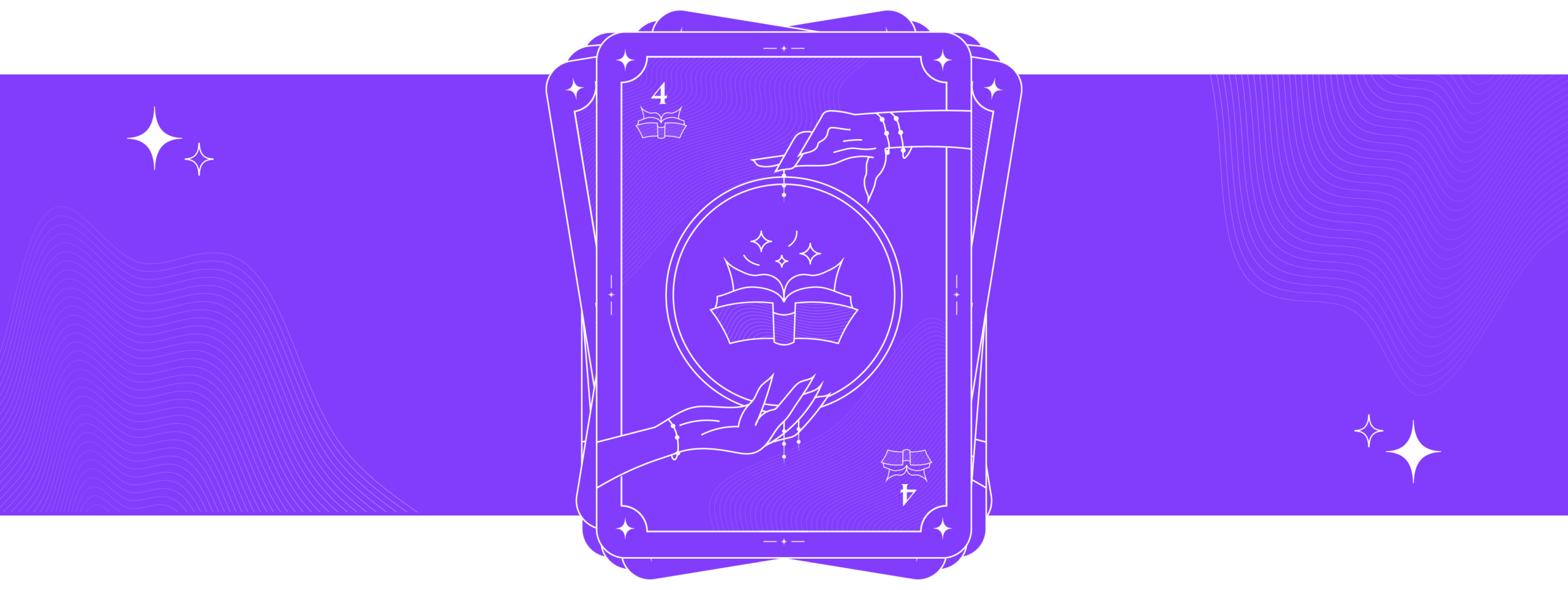 A tarot card with an open book at the centre on a purple background.
