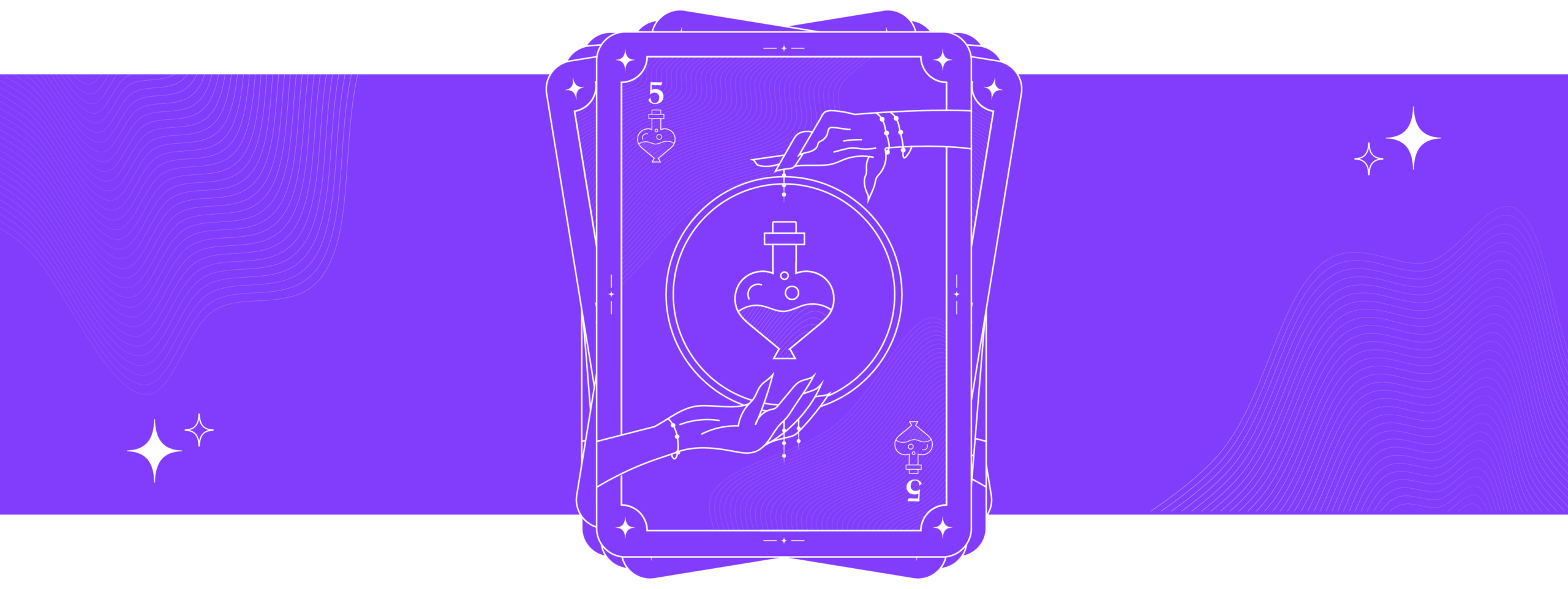 A tarot card with a potion bottle in the shape of a heart in the centre on a purple background.