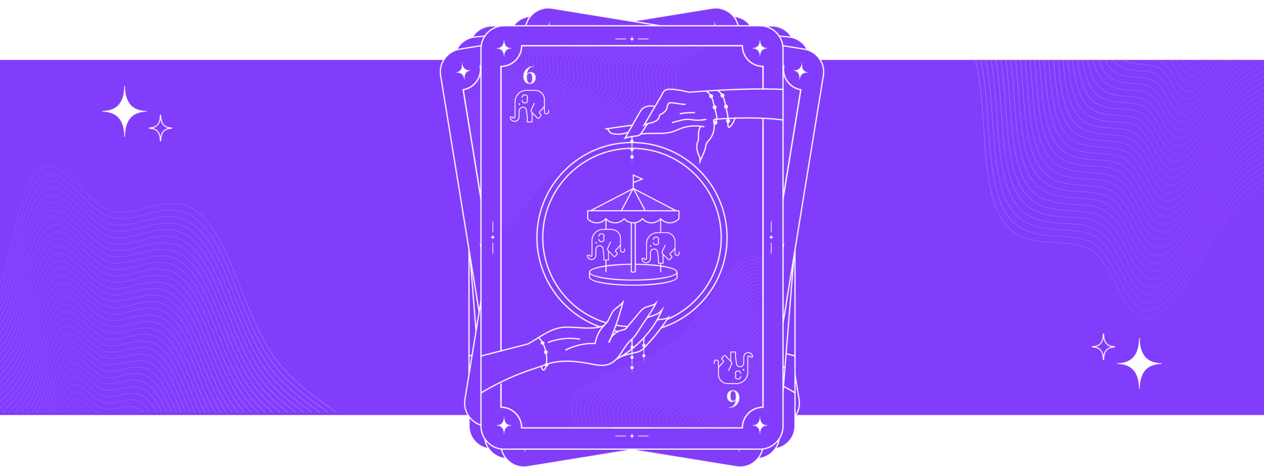 A tarot card with a carousel in the centre on a purple background.