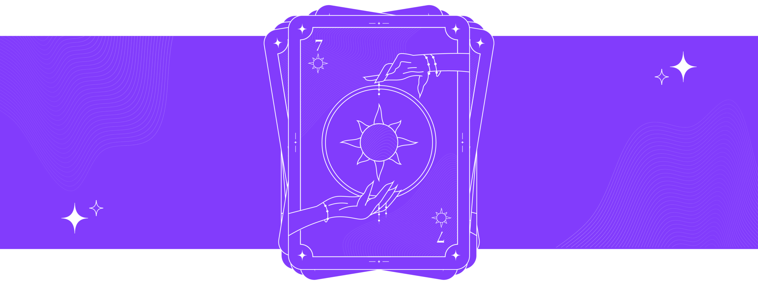 A tarot card with a sun in the centre on a purple background.