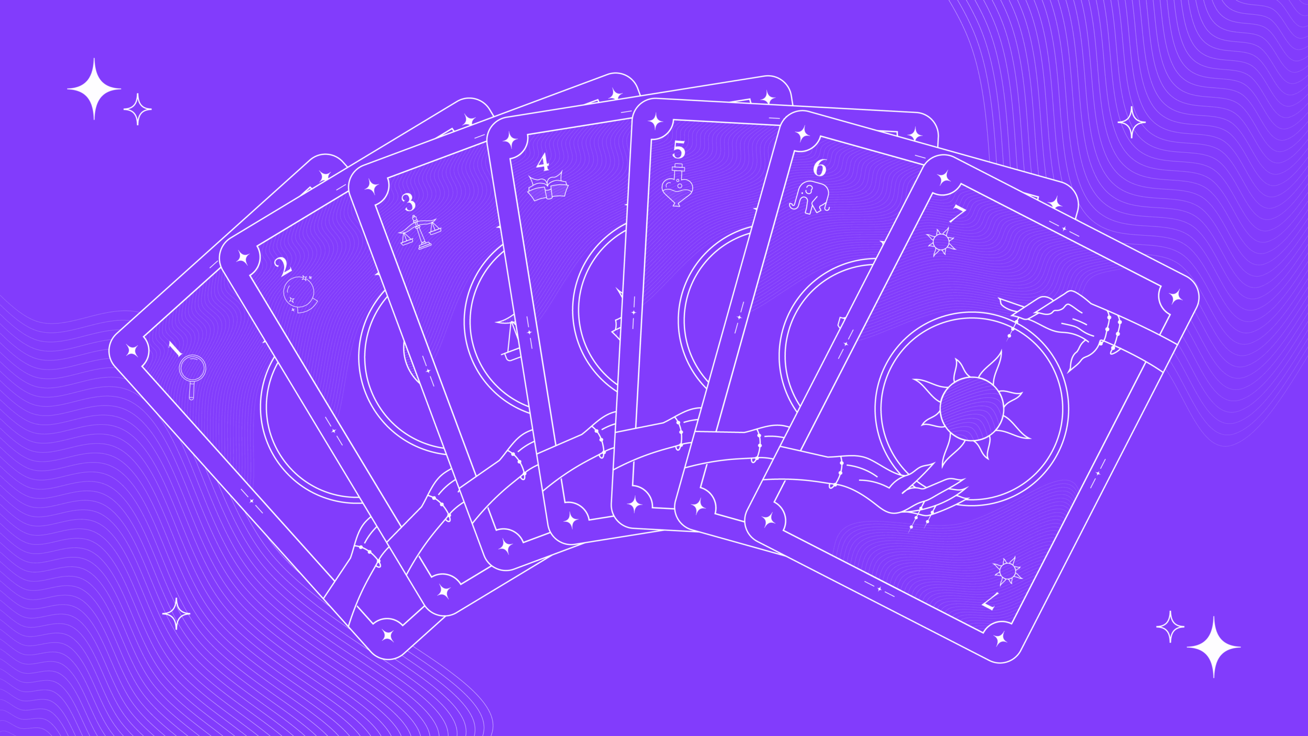 Seven tarot cards fanned out on a purple background, each card representing an element of powerful workplace learning